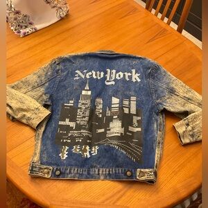 DOPE Vintage 80s Acid Washed Denim Jacket with Painted New York Skyline. Med